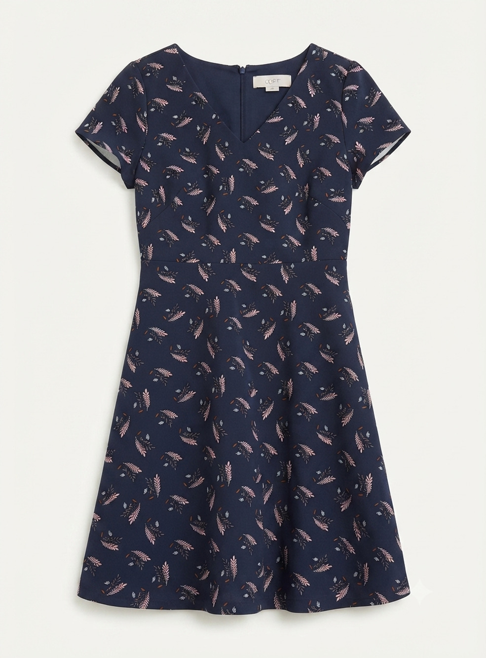 LOFT Navy Blue Floral V-Neck Fit and Flare Dress Petites 4P Short Flutter Sleeve